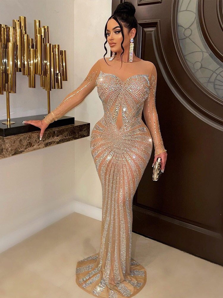 Women Sexy Mesh See Through Rhinestone Maxi Dress Female Full Sleeve Night Clubwear  New Fashion Floor-length Dresses | 0 | TageUnlimited