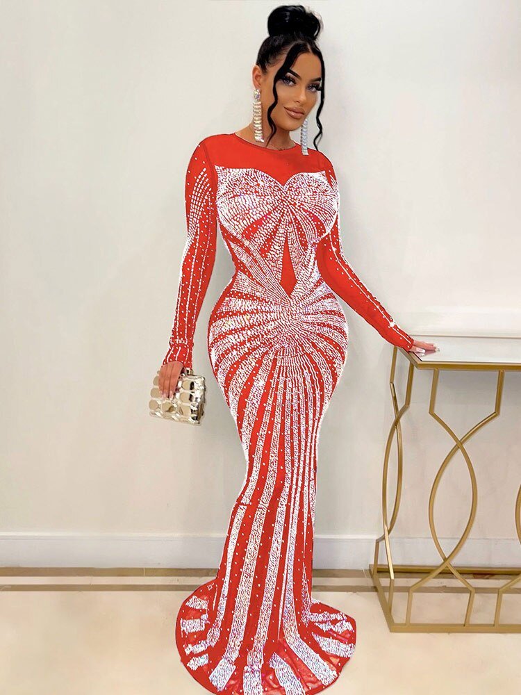 Women Sexy Mesh See Through Rhinestone Maxi Dress Female Full Sleeve Night Clubwear  New Fashion Floor-length Dresses | 0 | TageUnlimited
