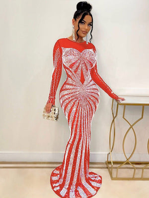 Women Sexy Mesh See Through Rhinestone Maxi Dress Female Full Sleeve Night Clubwear  New Fashion Floor-length Dresses | 0 | TageUnlimited