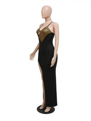 Women Sexy Patchwork Cutout Camisole Side Slit Dresses Lady V-neck Backless Slim Maxi Dress Evening Party Club Prom Frock | 0 | TageUnlimited