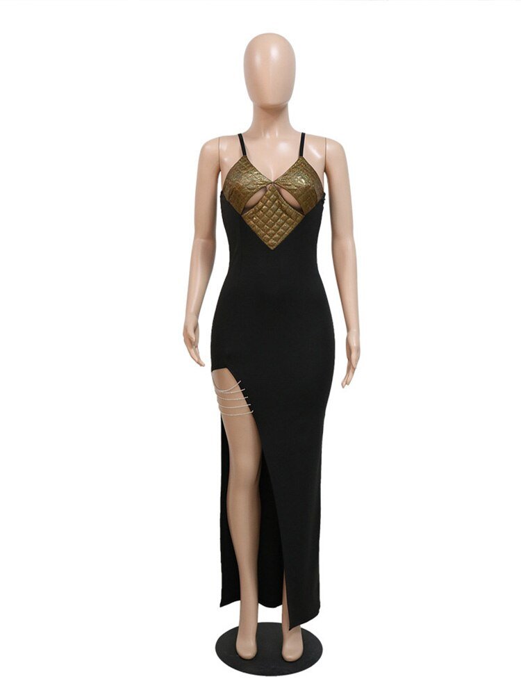 Women Sexy Patchwork Cutout Camisole Side Slit Dresses Lady V-neck Backless Slim Maxi Dress Evening Party Club Prom Frock | 0 | TageUnlimited