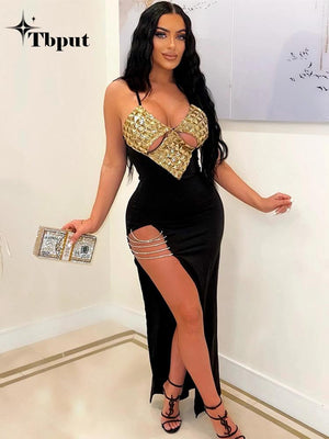 Women Sexy Patchwork Cutout Camisole Side Slit Dresses Lady V-neck Backless Slim Maxi Dress Evening Party Club Prom Frock | 0 | TageUnlimited