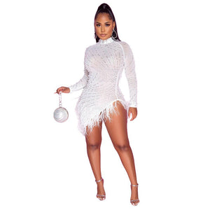 Women Sexy Pearls Sequins Rhinestone Bodycon Mini Dress See Through Feather Fall Winter Birthday Party Club Night Dress Vestidos | 0 | TageUnlimited