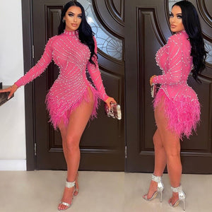 Women Sexy Pearls Sequins Rhinestone Bodycon Mini Dress See Through Feather Fall Winter Birthday Party Club Night Dress Vestidos | 0 | TageUnlimited