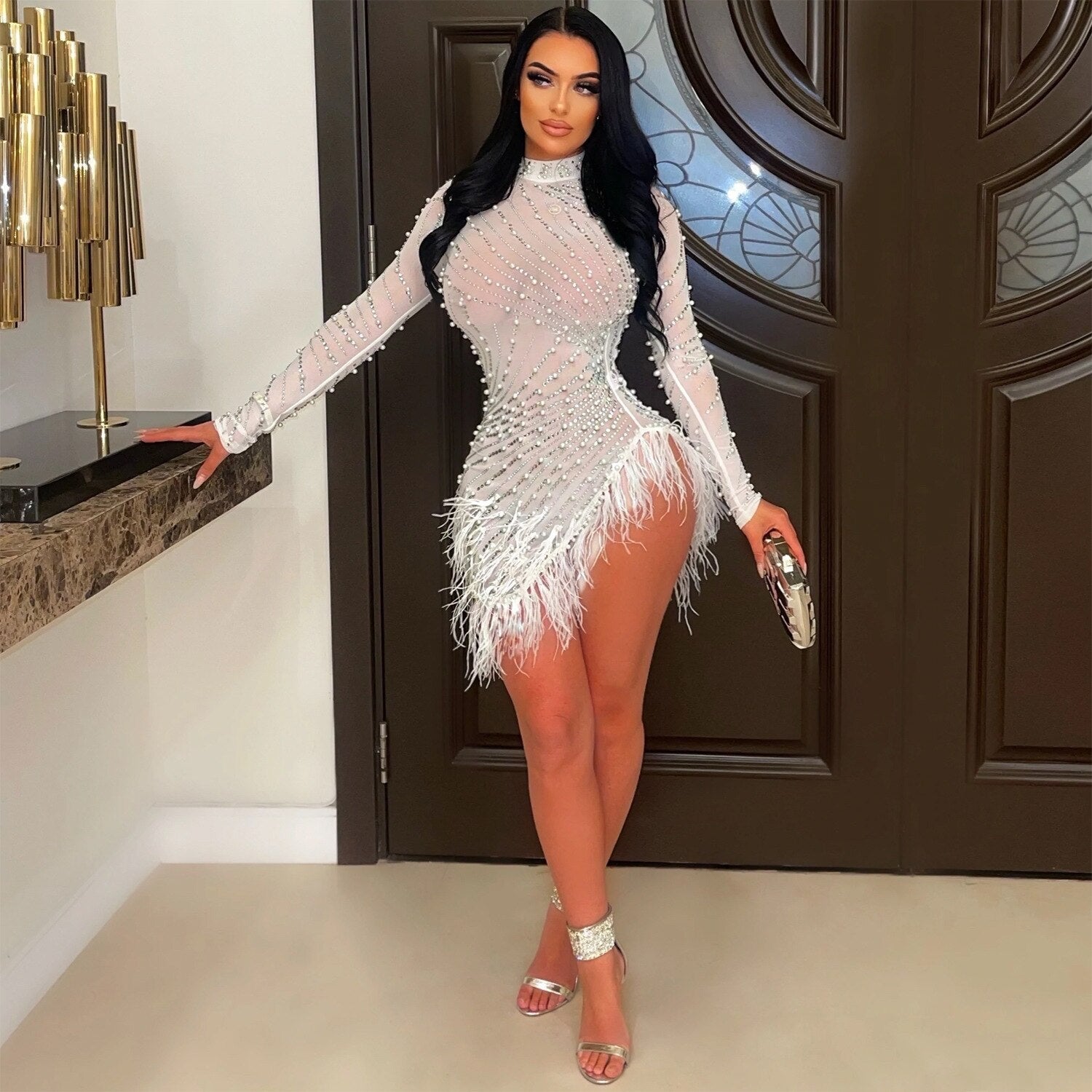 Women Sexy Pearls Sequins Rhinestone Bodycon Mini Dress See Through Feather Fall Winter Birthday Party Club Night Dress Vestidos | 0 | TageUnlimited