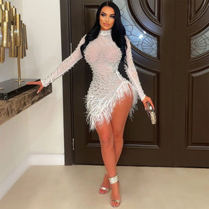 Women Sexy Pearls Sequins Rhinestone Bodycon Mini Dress See Through Feather Fall Winter Birthday Party Club Night Dress Vestidos | 0 | TageUnlimited
