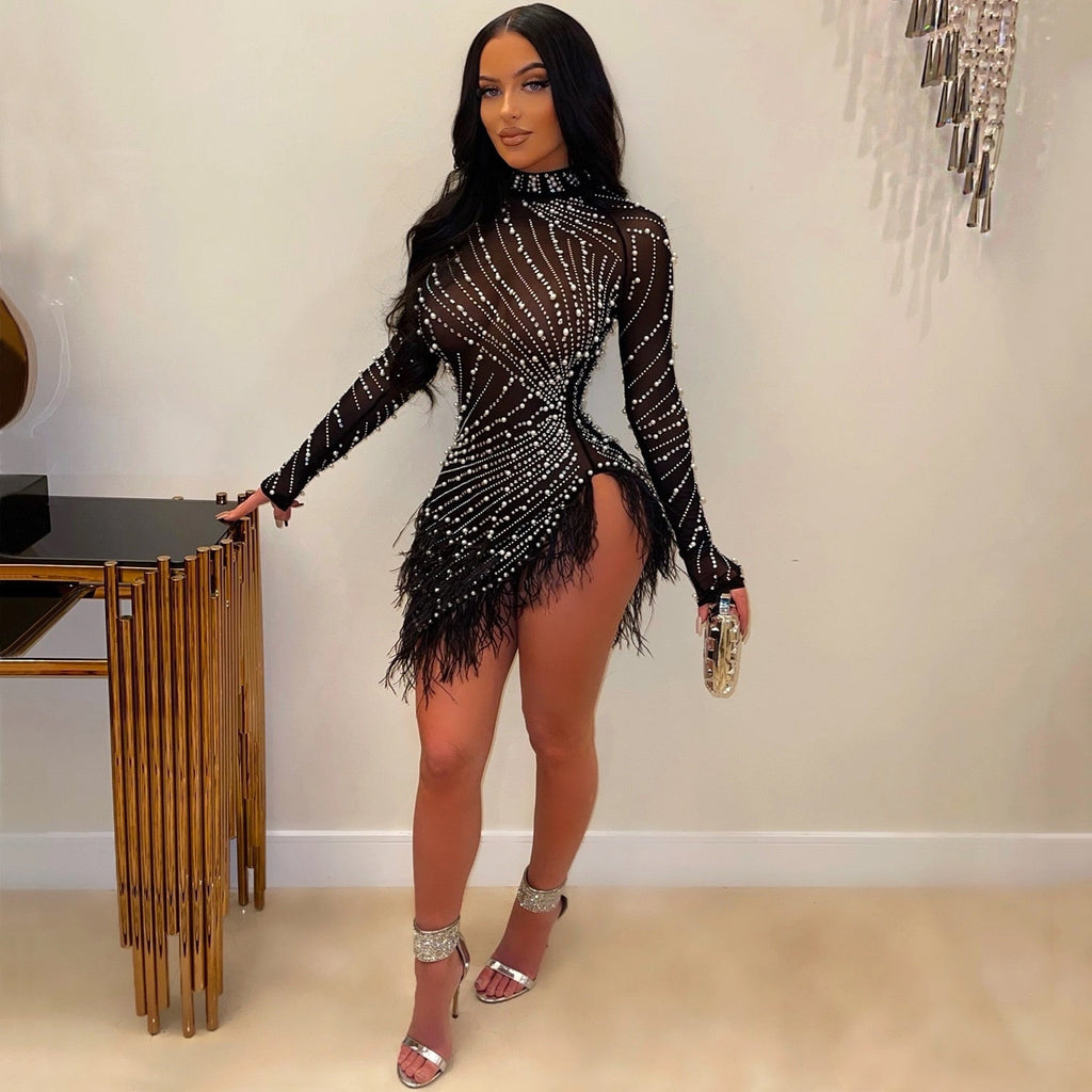 Women Sexy Pearls Sequins Rhinestone Bodycon Mini Dress See Through Feather Fall Winter Birthday Party Club Night Dress Vestidos | 0 | TageUnlimited
