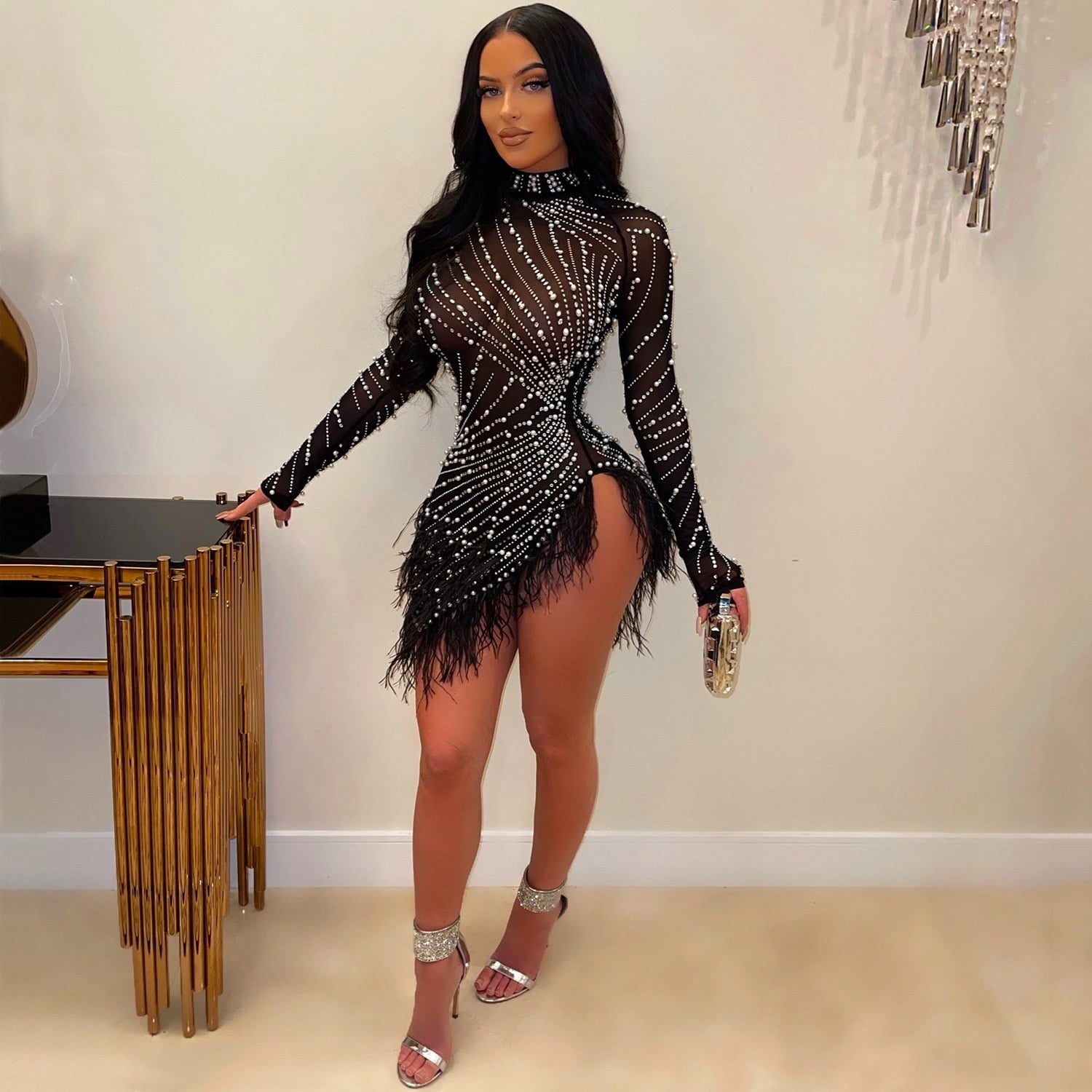 Women Sexy Pearls Sequins Rhinestone Bodycon Mini Dress See Through Feather Fall Winter Birthday Party Club Night Dress Vestidos | 0 | TageUnlimited