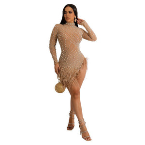 Women Sexy Pearls Sequins Rhinestone Bodycon Mini Dress See Through Feather Fall Winter Birthday Party Club Night Dress Vestidos | 0 | TageUnlimited