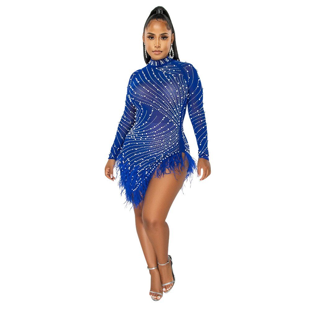 Women Sexy Pearls Sequins Rhinestone Bodycon Mini Dress See Through Feather Fall Winter Birthday Party Club Night Dress Vestidos | 0 | TageUnlimited