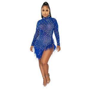 Women Sexy Pearls Sequins Rhinestone Bodycon Mini Dress See Through Feather Fall Winter Birthday Party Club Night Dress Vestidos | 0 | TageUnlimited