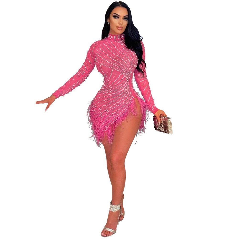 Women Sexy Pearls Sequins Rhinestone Bodycon Mini Dress See Through Feather Fall Winter Birthday Party Club Night Dress Vestidos | 0 | TageUnlimited