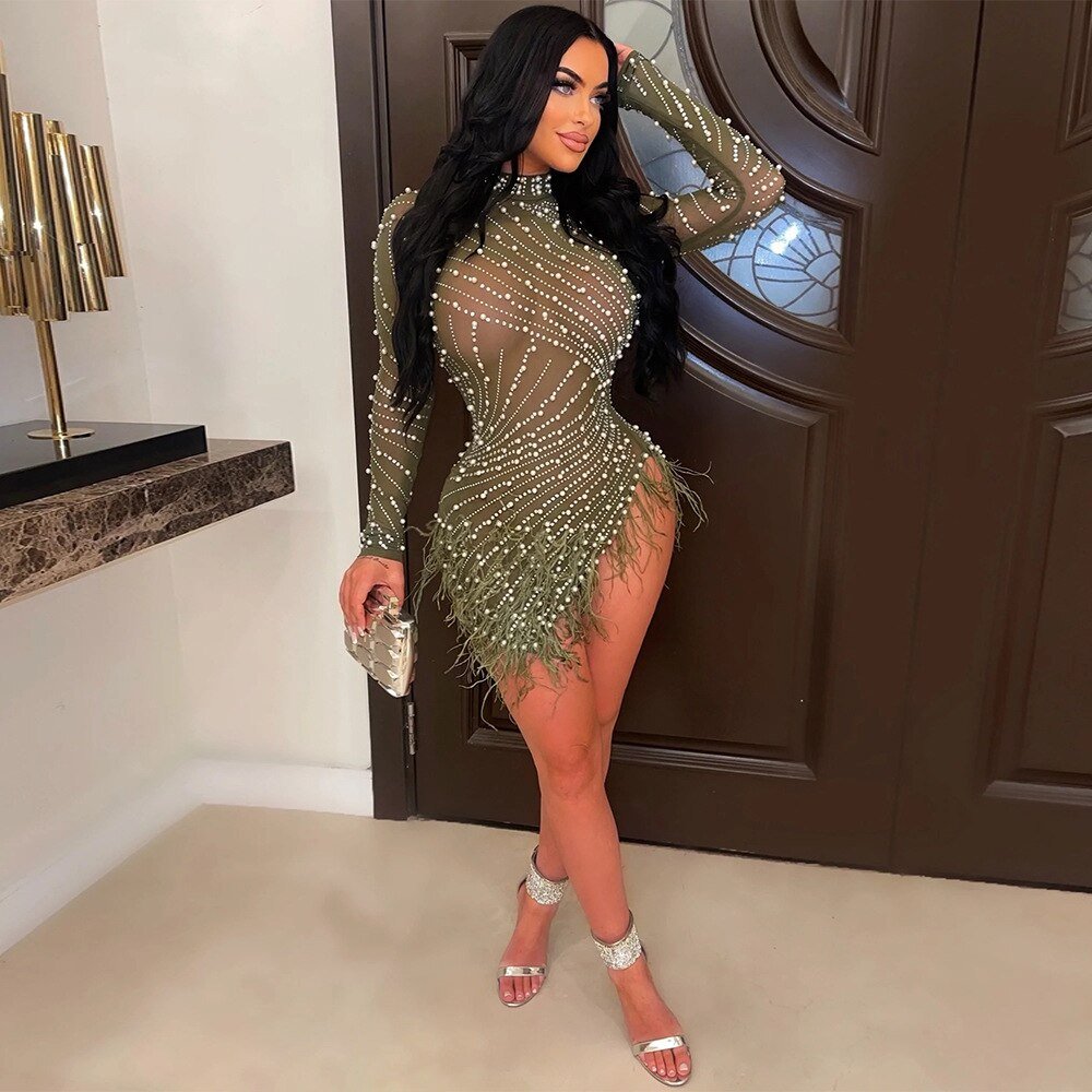 Women Sexy Pearls Sequins Rhinestone Bodycon Mini Dress See Through Feather Fall Winter Birthday Party Club Night Dress Vestidos | 0 | TageUnlimited