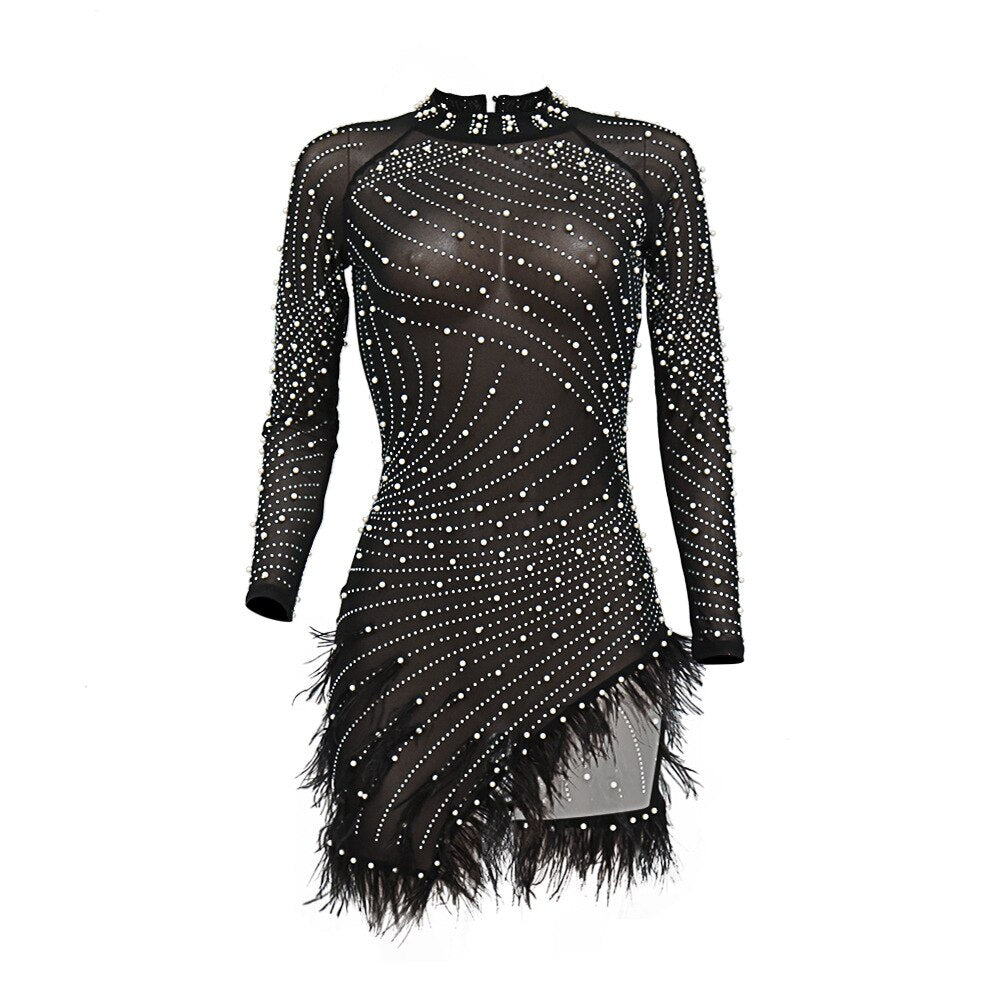 Women Sexy Pearls Sequins Rhinestone Bodycon Mini Dress See Through Feather Fall Winter Birthday Party Club Night Dress Vestidos | 0 | TageUnlimited