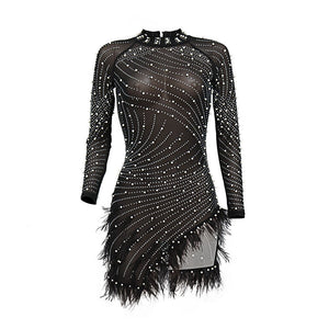 Women Sexy Pearls Sequins Rhinestone Bodycon Mini Dress See Through Feather Fall Winter Birthday Party Club Night Dress Vestidos | 0 | TageUnlimited