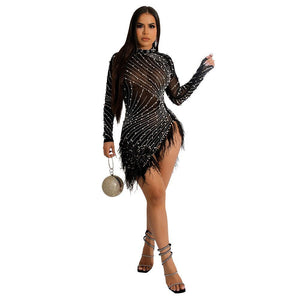 Women Sexy Pearls Sequins Rhinestone Bodycon Mini Dress See Through Feather Fall Winter Birthday Party Club Night Dress Vestidos | 0 | TageUnlimited