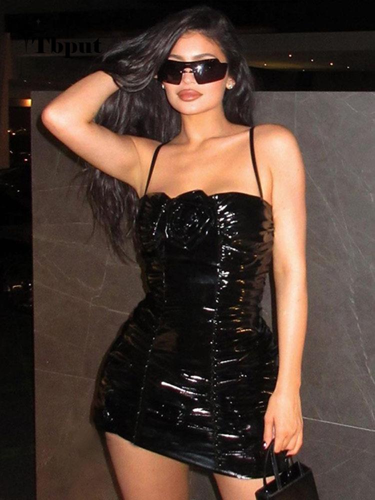 Women Sexy Pu Leather Pleated Bodycon Mini Dress Female Solid Camisole Sleeveless Dresses Summer Party Club Streetwear | 0 | TageUnlimited