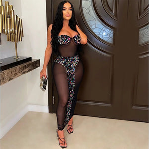 Women Sexy Sequined Mesh See Though Strapless Maxi Dress Elegant Bodycon Patchwork Dress  Birthday Party Club Night Dresses | 0 | TageUnlimited