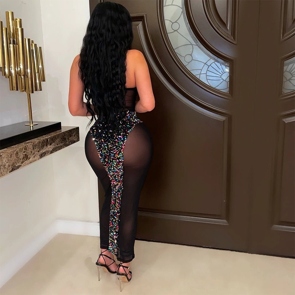 Women Sexy Sequined Mesh See Though Strapless Maxi Dress Elegant Bodycon Patchwork Dress  Birthday Party Club Night Dresses | 0 | TageUnlimited