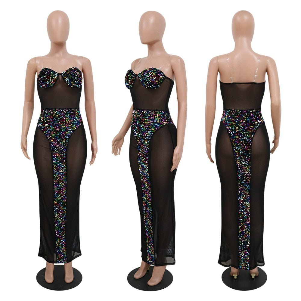 Women Sexy Sequined Mesh See Though Strapless Maxi Dress Elegant Bodycon Patchwork Dress  Birthday Party Club Night Dresses | 0 | TageUnlimited