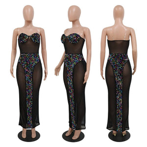 Women Sexy Sequined Mesh See Though Strapless Maxi Dress Elegant Bodycon Patchwork Dress  Birthday Party Club Night Dresses | 0 | TageUnlimited