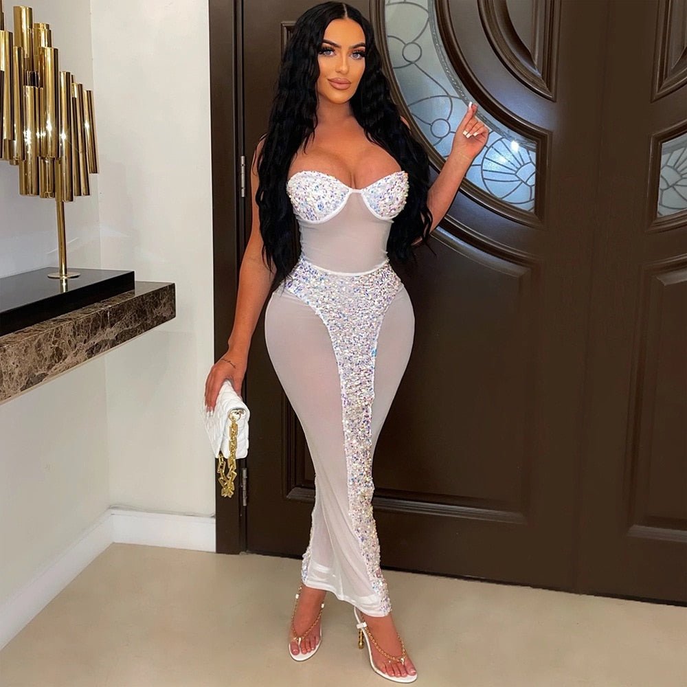 Women Sexy Sequined Mesh See Though Strapless Maxi Dress Elegant Bodycon Patchwork Dress  Birthday Party Club Night Dresses | 0 | TageUnlimited