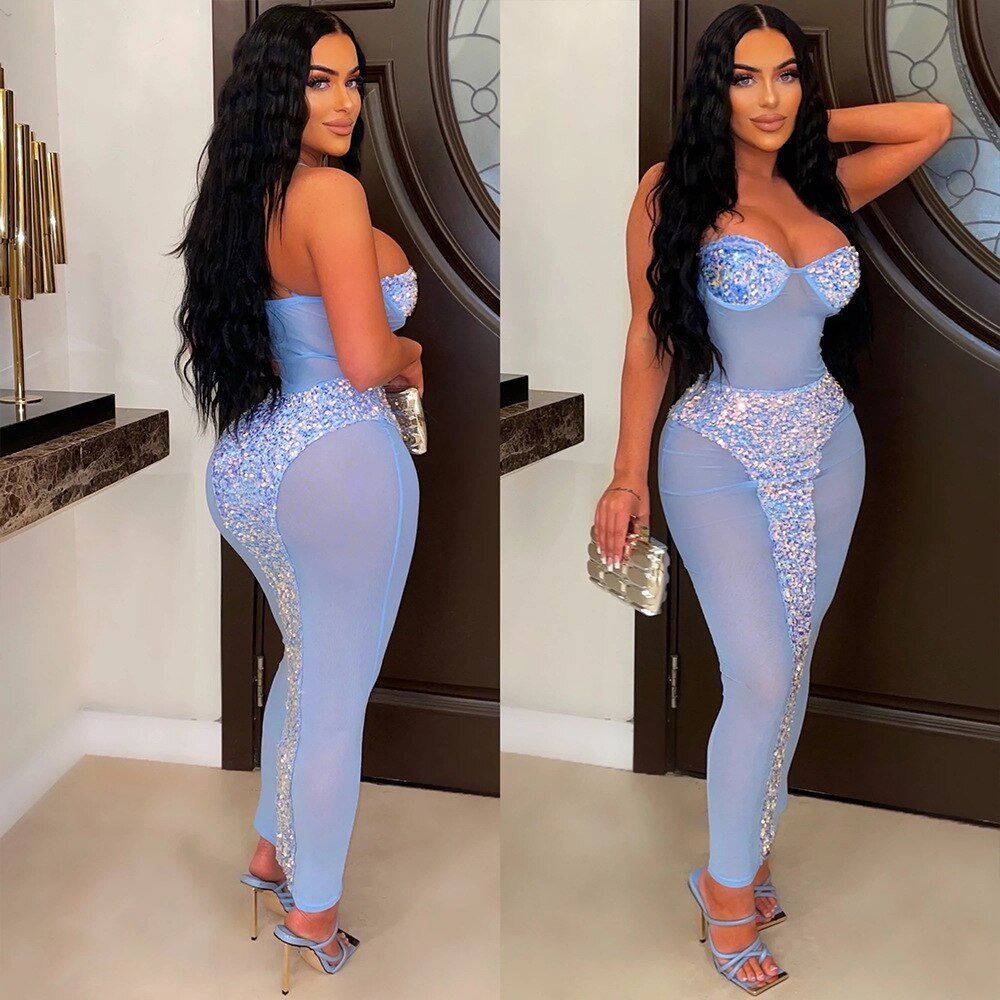 Women Sexy Sequined Mesh See Though Strapless Maxi Dress Elegant Bodycon Patchwork Dress  Birthday Party Club Night Dresses | 0 | TageUnlimited