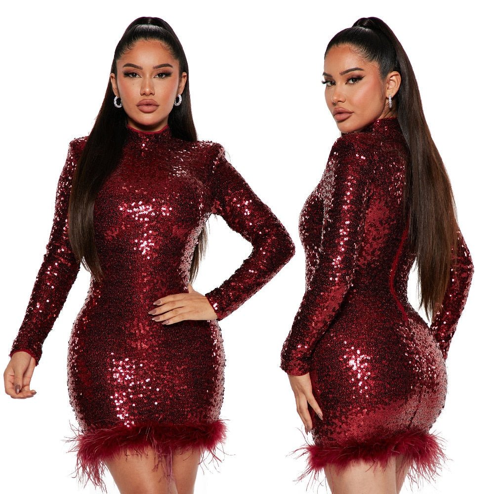 Women Sexy Sequins Feather Mini Dress Bodycon Tassels O Neck  Fall Winter Fashion Birthday Party Club Evening Pencil Dresses | 0 | TageUnlimited