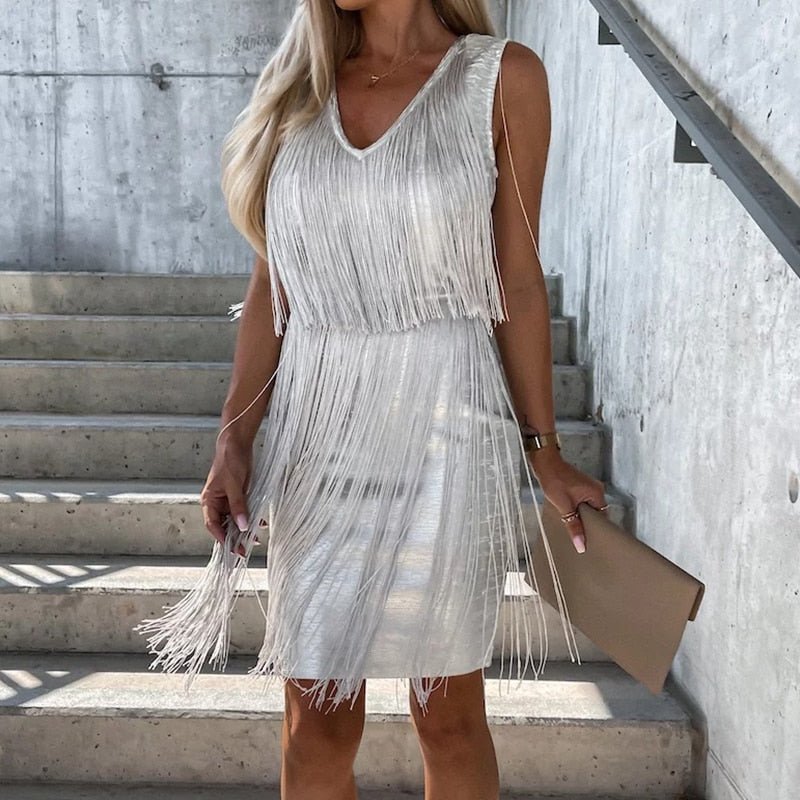 Women Sexy Tassel Solid Sleeveless V-Neck Summer Dresses Female Satin Elegant Casual Slim Frock Lady  New Fashion Skirt | 0 | TageUnlimited