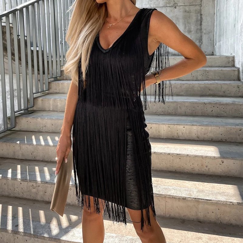 Women Sexy Tassel Solid Sleeveless V-Neck Summer Dresses Female Satin Elegant Casual Slim Frock Lady  New Fashion Skirt | 0 | TageUnlimited