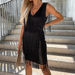 Women Sexy Tassel Solid Sleeveless V-Neck Summer Dresses Female Satin Elegant Casual Slim Frock Lady  New Fashion Skirt | 0 | TageUnlimited