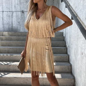 Women Sexy Tassel Solid Sleeveless V-Neck Summer Dresses Female Satin Elegant Casual Slim Frock Lady  New Fashion Skirt | 0 | TageUnlimited