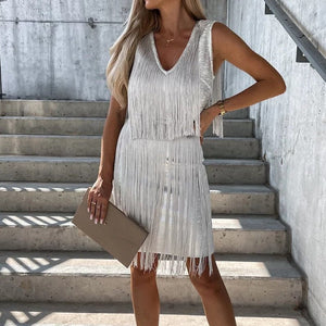 Women Sexy Tassel Solid Sleeveless V-Neck Summer Dresses Female Satin Elegant Casual Slim Frock Lady  New Fashion Skirt | 0 | TageUnlimited