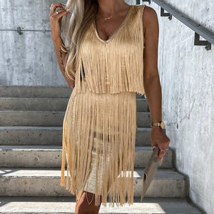 Women Sexy Tassel Solid Sleeveless V-Neck Summer Dresses Female Satin Elegant Casual Slim Frock Lady  New Fashion Skirt | 0 | TageUnlimited