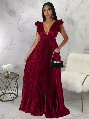 Women Solid Backless Elegant Long Dresses V-neck Pleated A-line Sexy Frock Spring Summer Evening Party Casual Style Dress | 0 | TageUnlimited