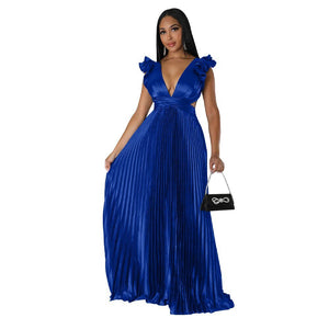 Women Solid Backless Elegant Long Dresses V-neck Pleated A-line Sexy Frock Spring Summer Evening Party Casual Style Dress | 0 | TageUnlimited