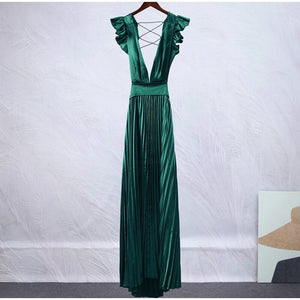 Women Solid Backless Elegant Long Dresses V-neck Pleated A-line Sexy Frock Spring Summer Evening Party Casual Style Dress | 0 | TageUnlimited