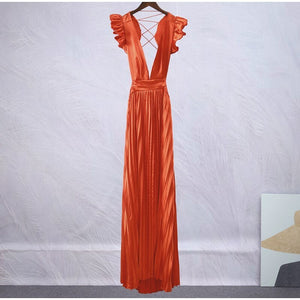 Women Solid Backless Elegant Long Dresses V-neck Pleated A-line Sexy Frock Spring Summer Evening Party Casual Style Dress | 0 | TageUnlimited