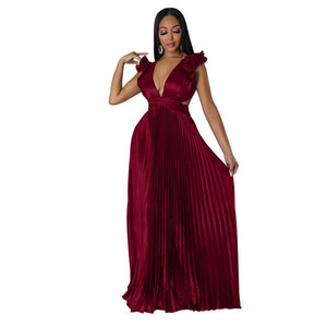Women Solid Backless Elegant Long Dresses V-neck Pleated A-line Sexy Frock Spring Summer Evening Party Casual Style Dress | 0 | TageUnlimited