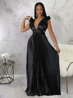 Women Solid Backless Elegant Long Dresses V-neck Pleated A-line Sexy Frock Spring Summer Evening Party Casual Style Dress | 0 | TageUnlimited