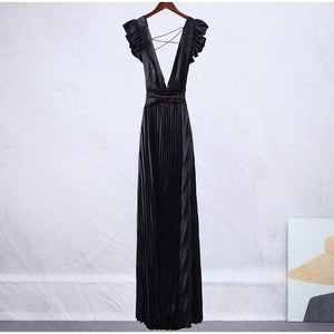 Women Solid Backless Elegant Long Dresses V-neck Pleated A-line Sexy Frock Spring Summer Evening Party Casual Style Dress | 0 | TageUnlimited