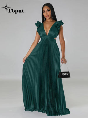 Women Solid Backless Elegant Long Dresses V-neck Pleated A-line Sexy Frock Spring Summer Evening Party Casual Style Dress | 0 | TageUnlimited