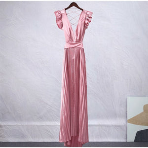 Women Solid Backless Elegant Long Dresses V-neck Pleated A-line Sexy Frock Spring Summer Evening Party Casual Style Dress | 0 | TageUnlimited