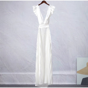 Women Solid Backless Elegant Long Dresses V-neck Pleated A-line Sexy Frock Spring Summer Evening Party Casual Style Dress | 0 | TageUnlimited