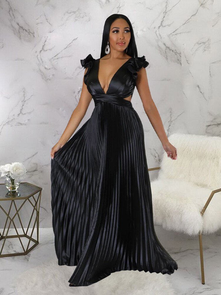 Women Solid Backless Elegant Long Dresses V-neck Pleated A-line Sexy Frock Spring Summer Evening Party Casual Style Dress | 0 | TageUnlimited