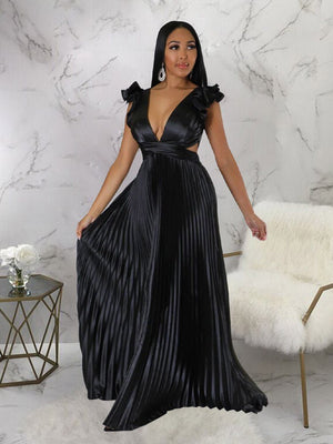 Women Solid Backless Elegant Long Dresses V-neck Pleated A-line Sexy Frock Spring Summer Evening Party Casual Style Dress | 0 | TageUnlimited