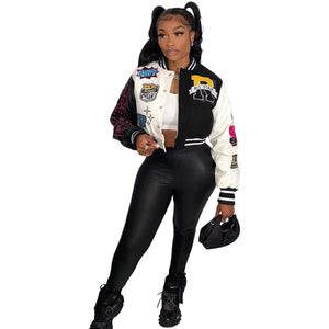 Women Splicing Color Contrast Short Jackets Female  Single Breasted Baseball Coat Cropped  Spring Streetwear Jackets | TageUnlimited