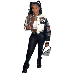 Women Splicing Color Contrast Short Jackets Female  Single Breasted Baseball Coat Cropped  Spring Streetwear Jackets | TageUnlimited