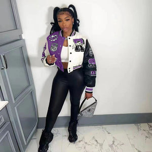 Women Splicing Color Contrast Short Jackets Female  Single Breasted Baseball Coat Cropped  Spring Streetwear Jackets | TageUnlimited