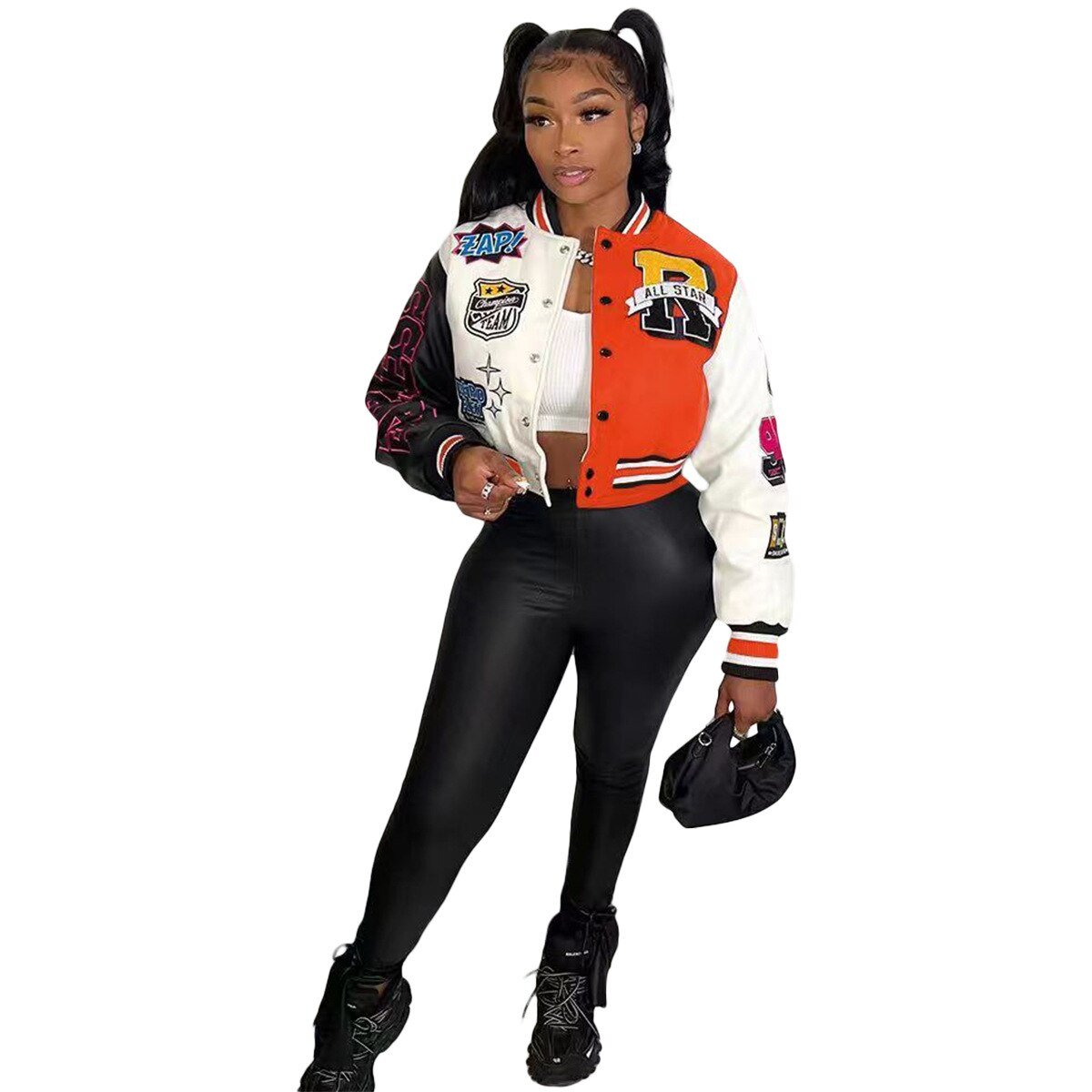 Women Splicing Color Contrast Short Jackets Female  Single Breasted Baseball Coat Cropped  Spring Streetwear Jackets | TageUnlimited